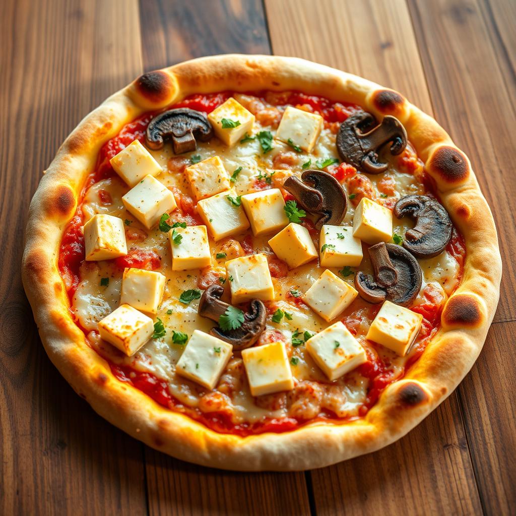 A perfectly baked pizza that showcases succulent paneer cubes paired with tender, sautéed mushrooms, all sitting atop a beautifully golden-brown crust