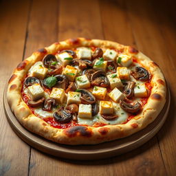 A perfectly baked pizza that showcases succulent paneer cubes paired with tender, sautéed mushrooms, all sitting atop a beautifully golden-brown crust