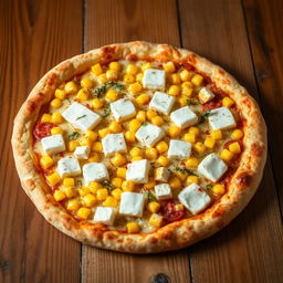 A deliciously crafted pizza topped with sweet corn kernels and soft, creamy paneer cubes, all nestled under a generous layer of melted mozzarella cheese
