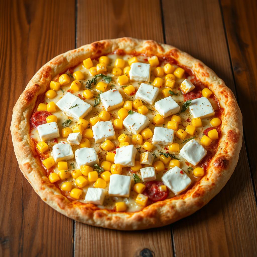 A deliciously crafted pizza topped with sweet corn kernels and soft, creamy paneer cubes, all nestled under a generous layer of melted mozzarella cheese