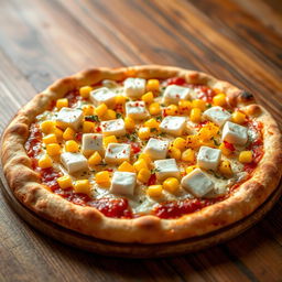 A deliciously crafted pizza topped with sweet corn kernels and soft, creamy paneer cubes, all nestled under a generous layer of melted mozzarella cheese