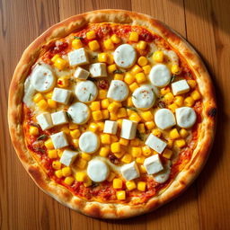 A deliciously crafted pizza topped with sweet corn kernels and soft, creamy paneer cubes, all nestled under a generous layer of melted mozzarella cheese