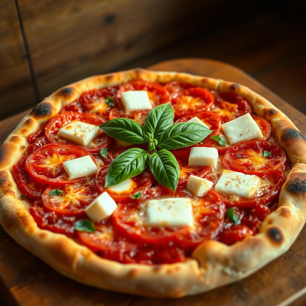 A mouthwatering pizza that has been perfectly baked to a golden-brown crust, showcasing a generous layer of juicy, ripe tomatoes and soft, creamy paneer cubes