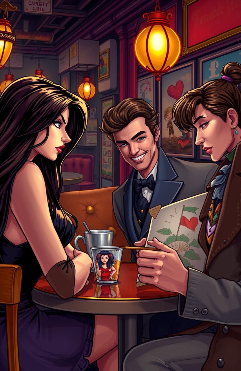 An intricate love triangle between three characters: a confident woman with long flowing hair and a bold expression, a charming man in a stylish suit with a charismatic smile, and an artistic individual wearing a vintage outfit, immersed in painting