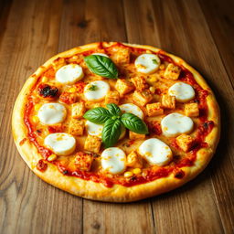 A beautifully baked pizza featuring succulent paneer cubes and sweet corn, topped with layers of melted mozzarella cheese