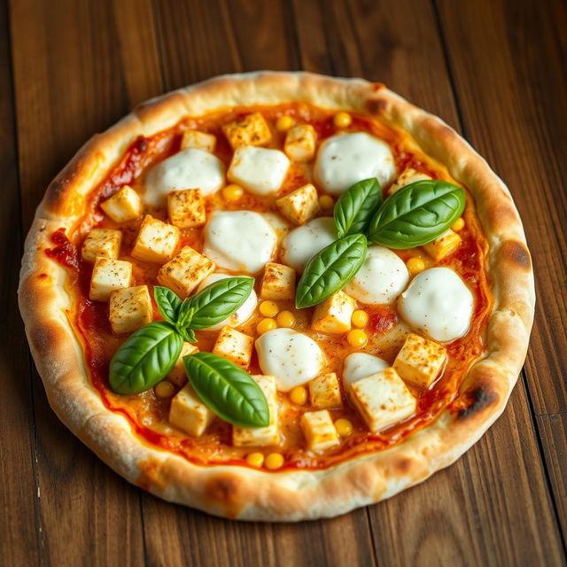 A beautifully baked pizza featuring succulent paneer cubes and sweet corn, topped with layers of melted mozzarella cheese