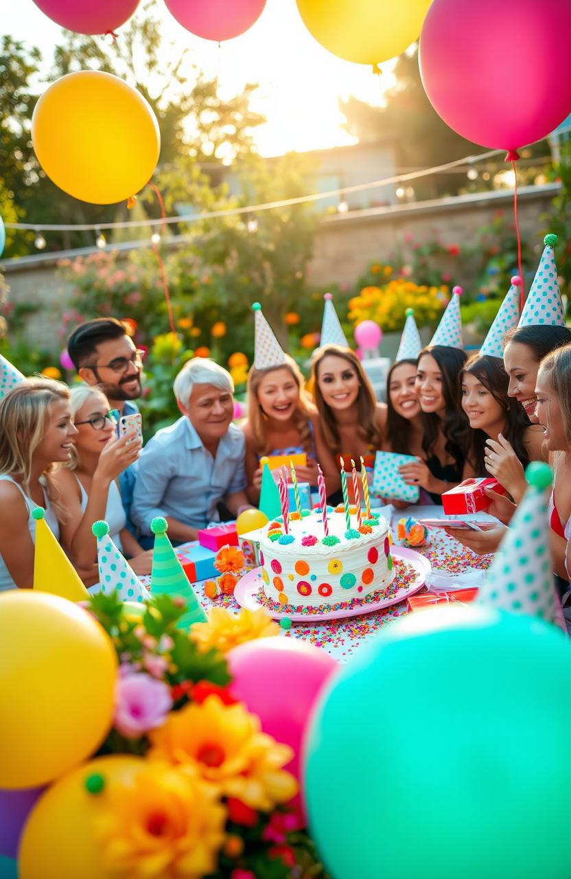 A vibrant and festive birthday celebration scene featuring a beautifully decorated table with colorful balloons, a large birthday cake with candles, and an assortment of party hats