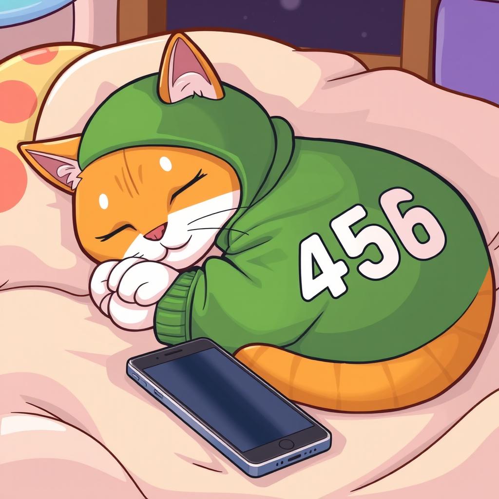 A cartoon illustration of a cat peacefully sleeping, wearing the iconic 456 Squid Game uniform, a green tracksuit with the number 456 on it