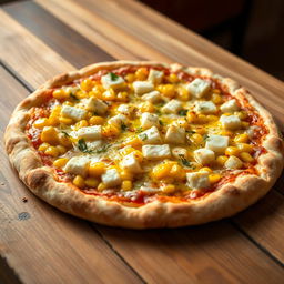 A scrumptious pizza featuring a blend of sweet corn kernels and soft paneer cubes, all generously covered with gooey, melted mozzarella cheese