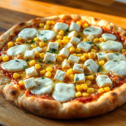 A scrumptious pizza featuring a blend of sweet corn kernels and soft paneer cubes, all generously covered with gooey, melted mozzarella cheese