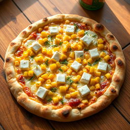 A scrumptious pizza featuring a blend of sweet corn kernels and soft paneer cubes, all generously covered with gooey, melted mozzarella cheese