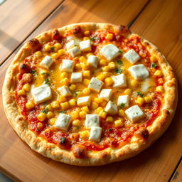 A scrumptious pizza featuring a blend of sweet corn kernels and soft paneer cubes, all generously covered with gooey, melted mozzarella cheese