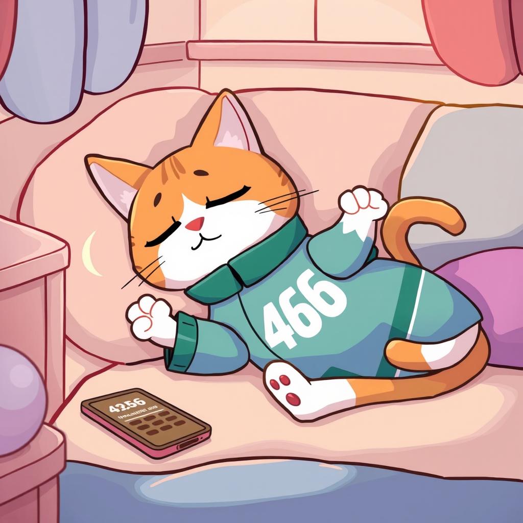 A cartoon cat sleeping peacefully while wearing the iconic 456 uniform from Squid Game