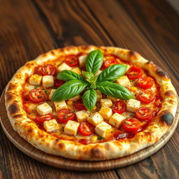 An enticing pizza, beautifully baked to perfection with a crispy, golden-brown crust that looks inviting and delicious