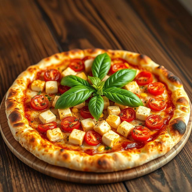 An enticing pizza, beautifully baked to perfection with a crispy, golden-brown crust that looks inviting and delicious