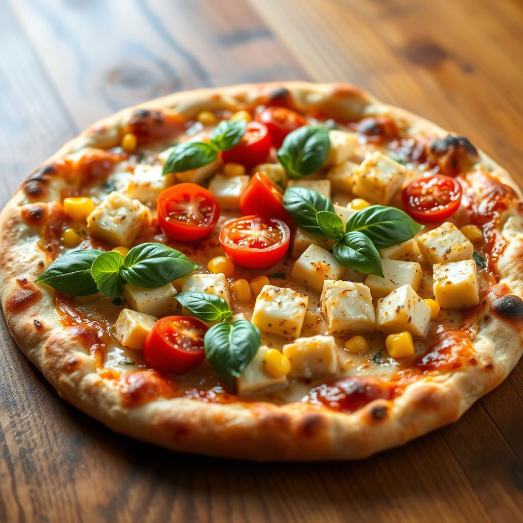 An enticing pizza, beautifully baked to perfection with a crispy, golden-brown crust that looks inviting and delicious
