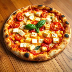 An enticing pizza, beautifully baked to perfection with a crispy, golden-brown crust that looks inviting and delicious