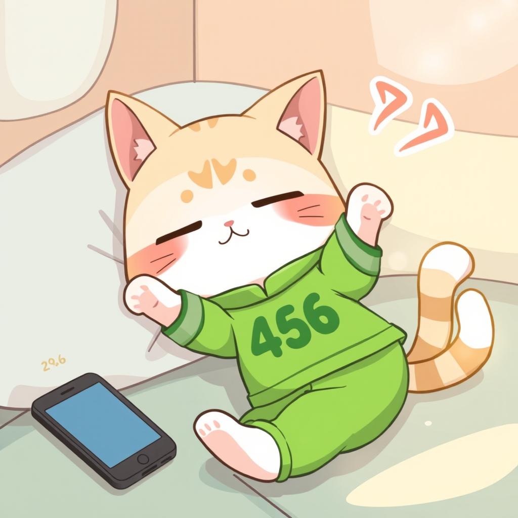 A cartoon style scene depicting a cute cat sleeping while wearing the bright green 456 uniform from Squid Game