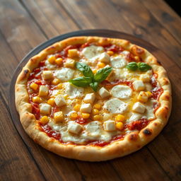 A deliciously well-baked pizza showcasing a perfect blend of sweet corn and soft paneer cubes, generously covered with gooey, melted mozzarella cheese