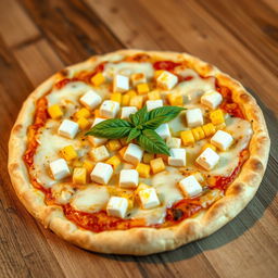 A deliciously well-baked pizza showcasing a perfect blend of sweet corn and soft paneer cubes, generously covered with gooey, melted mozzarella cheese