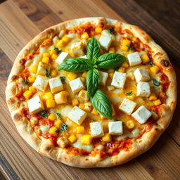 A deliciously well-baked pizza showcasing a perfect blend of sweet corn and soft paneer cubes, generously covered with gooey, melted mozzarella cheese
