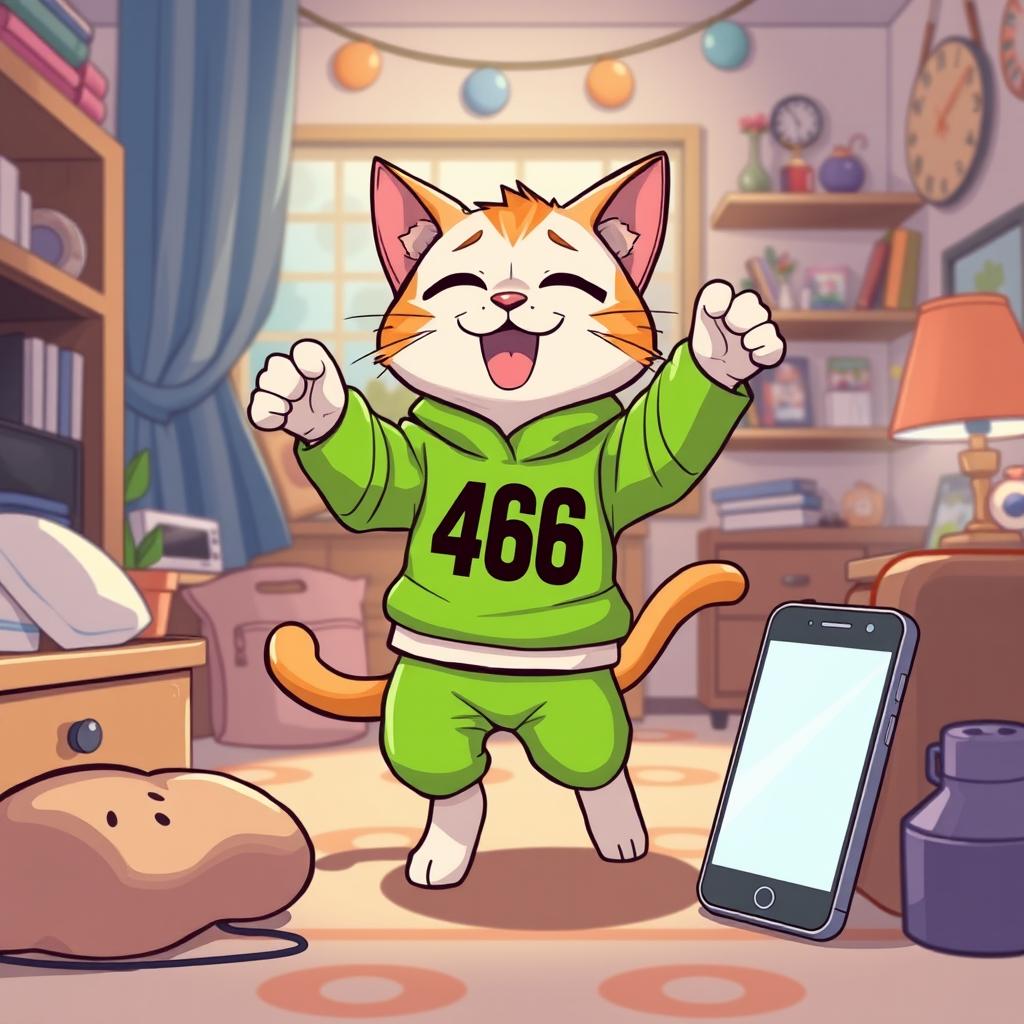 A cartoon-style illustration of a playful cat wearing the bright green 456 uniform from Squid Game, joyfully dancing inside its room