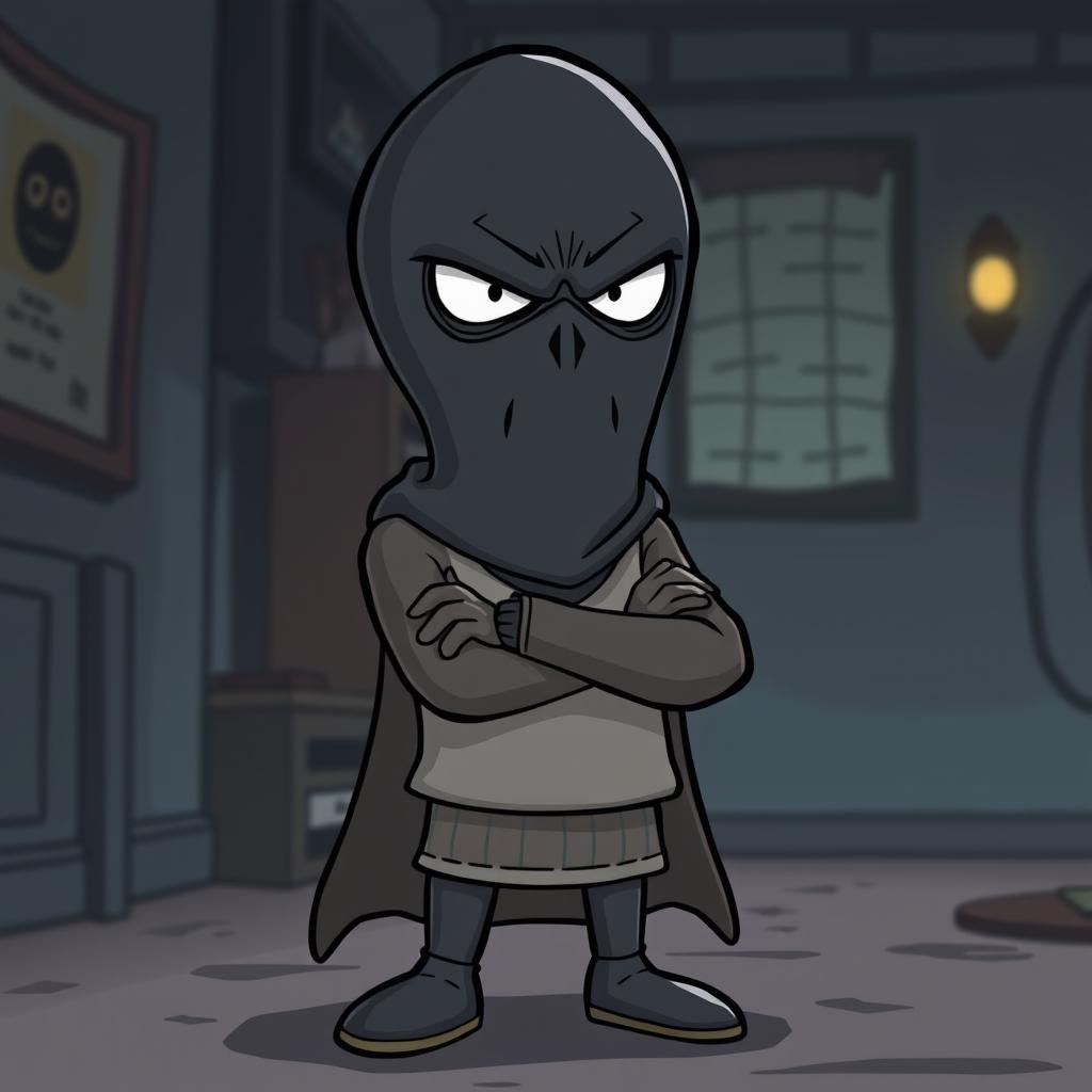 A cartoon-style illustration featuring a character wearing a black mask from Squid Game, portraying an angry expression