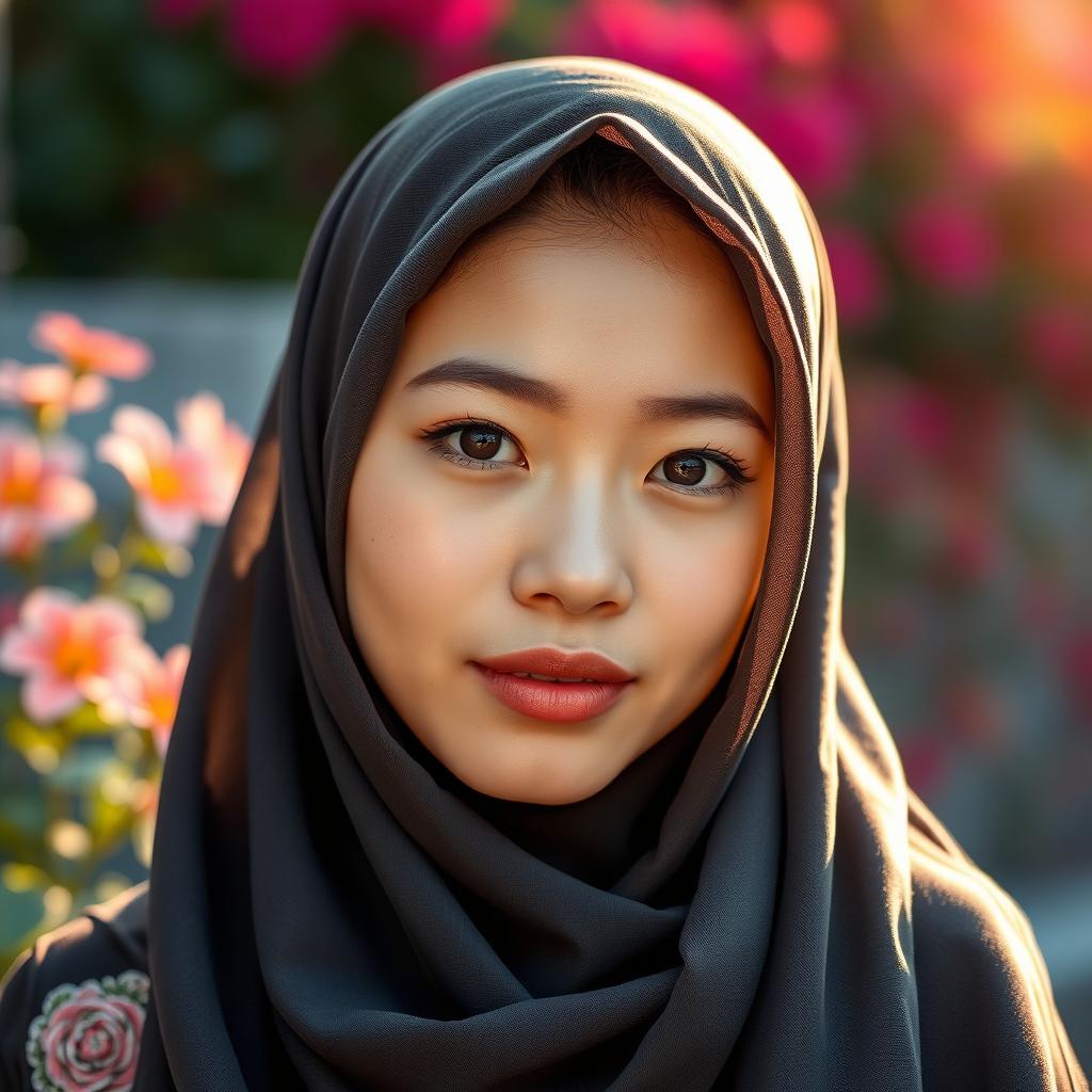 A young Asian woman wearing a hijab, creating an aura of graceful elegance