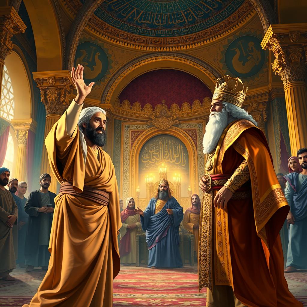 A vivid scene depicting Prophet Ibrahim (Abraham) in a grand royal palace, engaged in a spirited debate with Namrud (Nimrod)