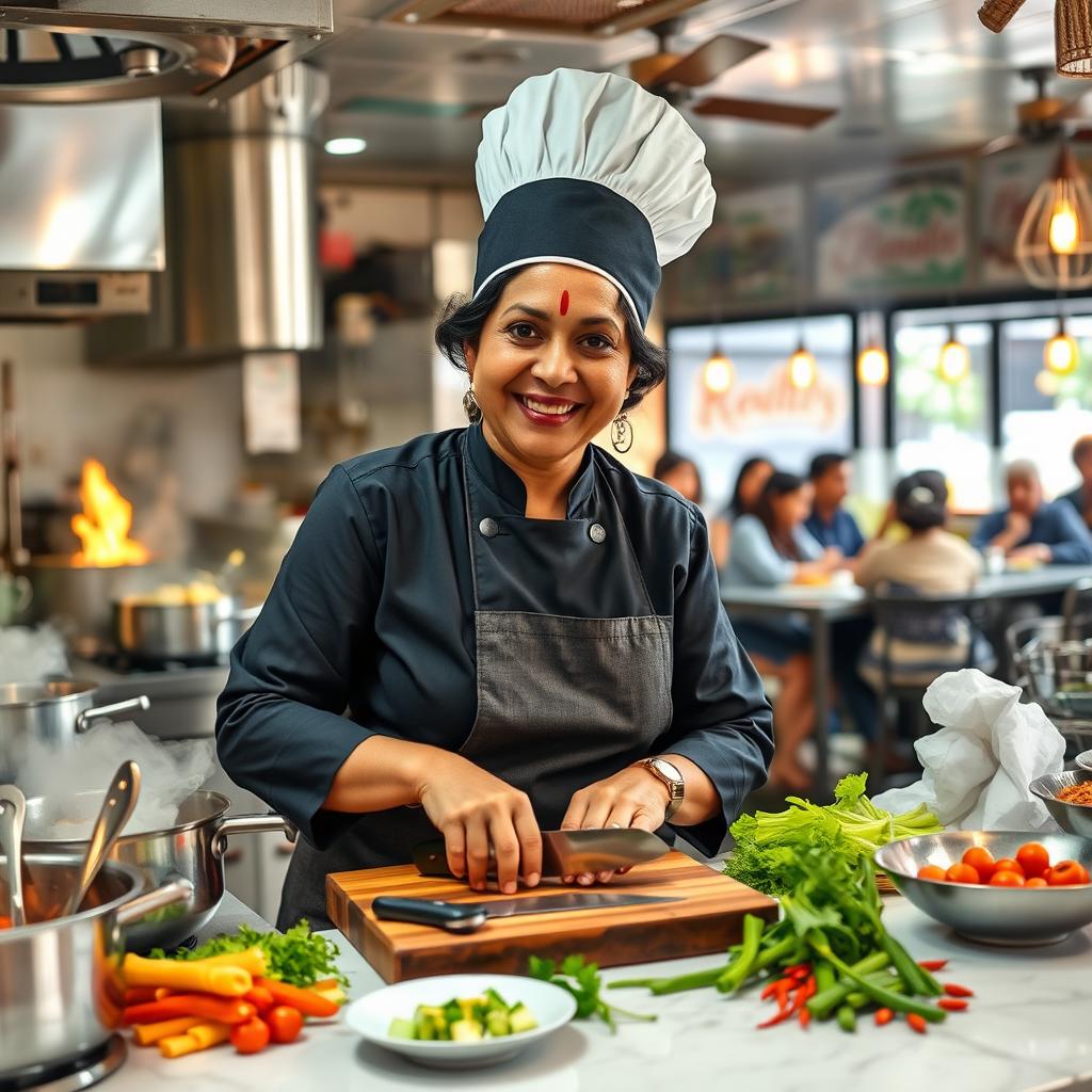 A vibrant and lively restaurant kitchen scene featuring a talented chef named Rajini Murugan