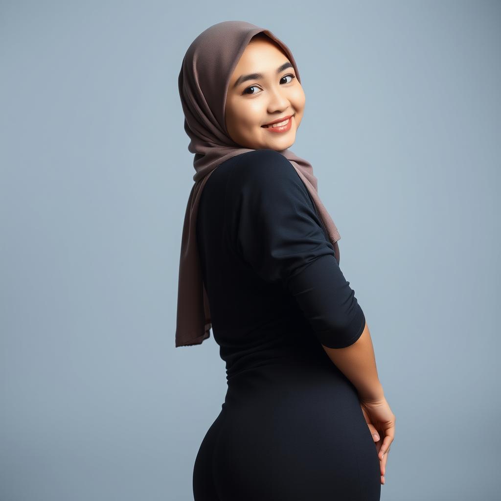 A young Asian woman wearing a hijab, featuring a playful and inviting expression, showcasing a voluptuous figure with an accentuated backside