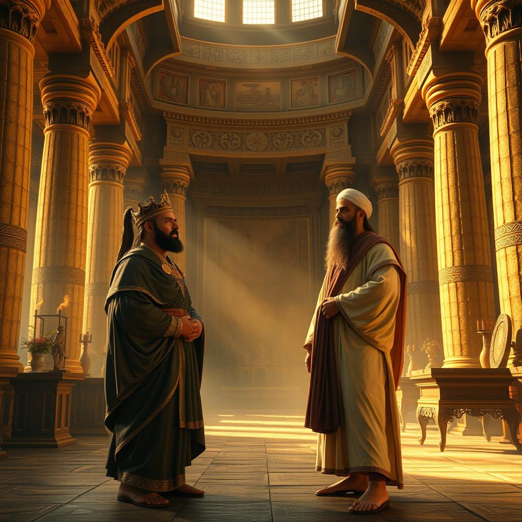 A grand Babylonian hall filled with intricate stone carvings and towering columns, showcasing a rich historical atmosphere