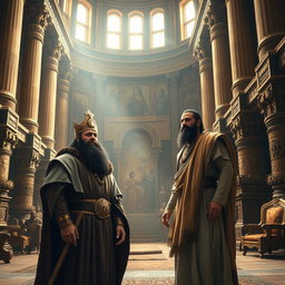 A grand Babylonian hall filled with intricate stone carvings and towering columns, showcasing a rich historical atmosphere