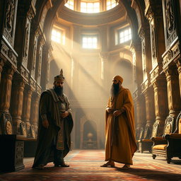 A grand Babylonian hall filled with intricate stone carvings and towering columns, showcasing a rich historical atmosphere