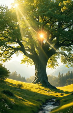 A majestic, large tree towering in a lush green landscape, radiating vibrant spiritual energy