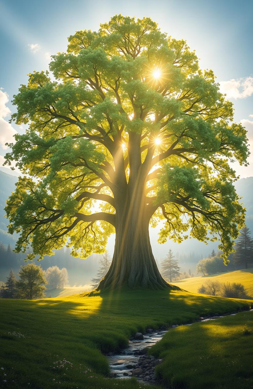 A majestic, large tree towering in a lush green landscape, radiating vibrant spiritual energy