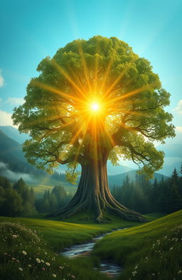 A majestic, large tree towering in a lush green landscape, radiating vibrant spiritual energy