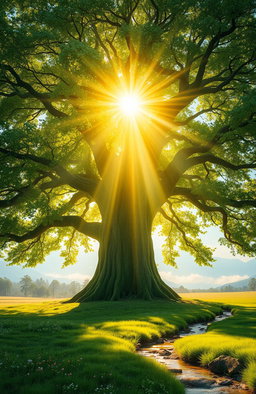 A majestic, large tree towering in a lush green landscape, radiating vibrant spiritual energy