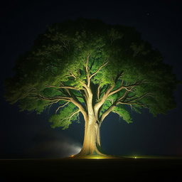 A majestic, large tree standing in a tranquil landscape at night, radiating vibrant spiritual energy and life force