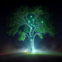 A majestic, large tree standing in a tranquil landscape at night, radiating vibrant spiritual energy and life force