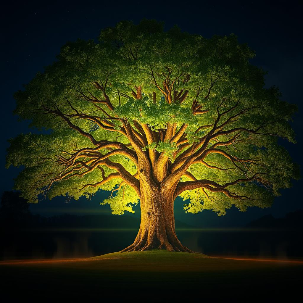 A majestic, large tree standing in a tranquil landscape at night, radiating vibrant spiritual energy and life force