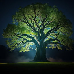 A majestic, large tree standing in a tranquil landscape at night, radiating vibrant spiritual energy and life force