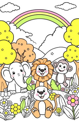 A whimsical and fun kids coloring book page featuring a variety of playful scenes