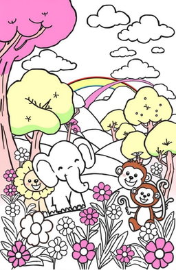 A whimsical and fun kids coloring book page featuring a variety of playful scenes