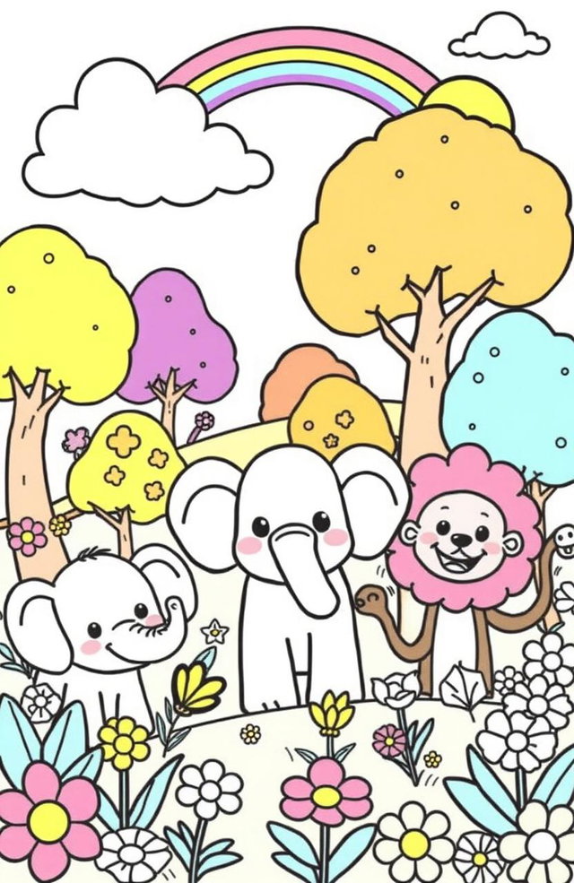 A whimsical and fun kids coloring book page featuring a variety of playful scenes