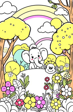 A whimsical and fun kids coloring book page featuring a variety of playful scenes