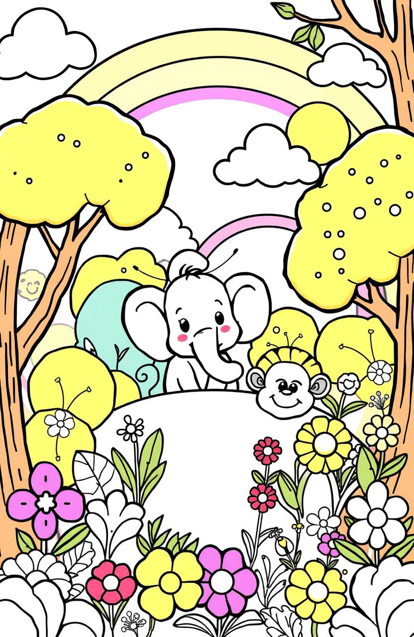 A whimsical and fun kids coloring book page featuring a variety of playful scenes