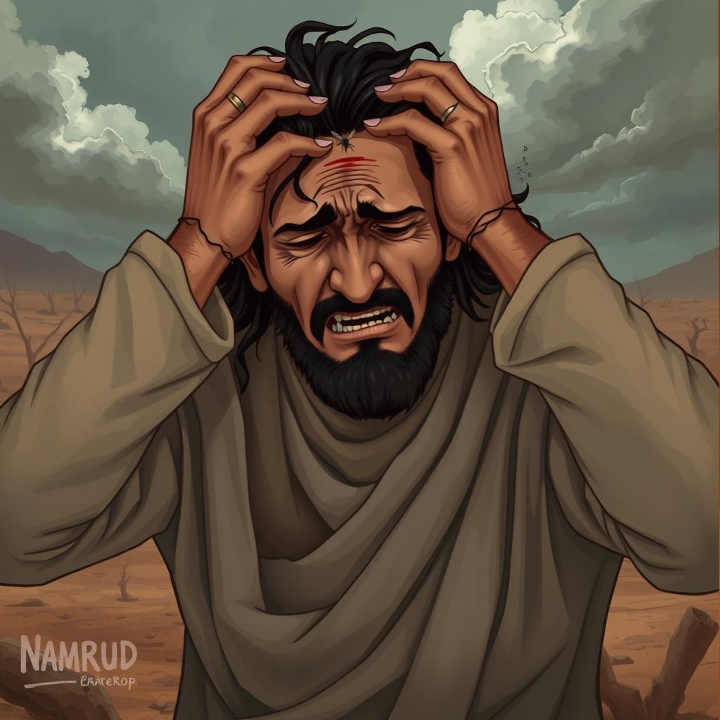 A dramatic scene depicting Namrud, a historical figure known for his arrogance, in the midst of suffering a divine punishment
