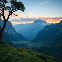 A breathtaking vast valley stretching out in front of a large, majestic tree, with the valley enveloped in lush greenery and colorful wildflowers