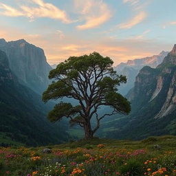 A breathtaking vast valley stretching out in front of a large, majestic tree, with the valley enveloped in lush greenery and colorful wildflowers